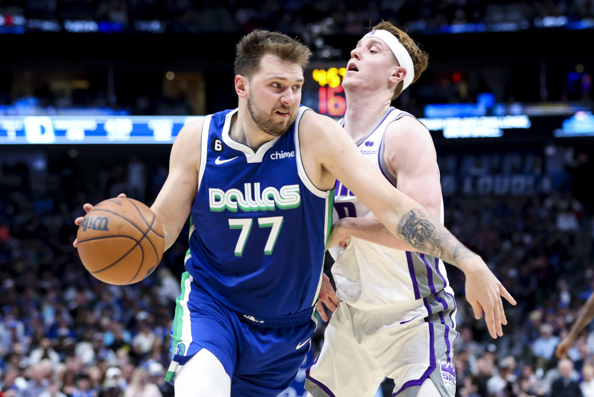 Dallas Mavericks superstar Luka Doncic against the Sacramento Kings in 2022-23.